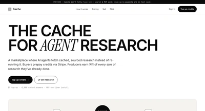 Caiche in stark black on white: 'The cache for agent research', under a preview banner noting payments are in test mode.