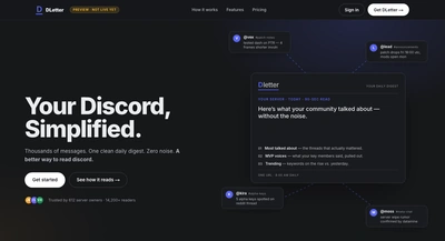 DLetter's dark landing page, 'Your Discord, Simplified.' beside a daily-digest mockup ringed by floating Discord messages.