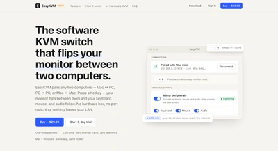 EasyKVM's headline 'The software KVM switch that flips your monitor between two computers' beside the paired app window.