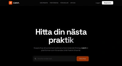 Liatch's black Swedish landing page, 'Hitta din nästa praktik', with a search field and an orange Hitta Plats button.