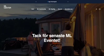 ML Center's Swedish homepage: 'Tack för senaste ML Eventet!' over a photo of guests at an outdoor evening gathering.