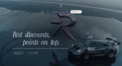 Proprinse's homepage, a drifting sports car in tyre smoke behind the italic serif headline 'Best discounts, points on top.'